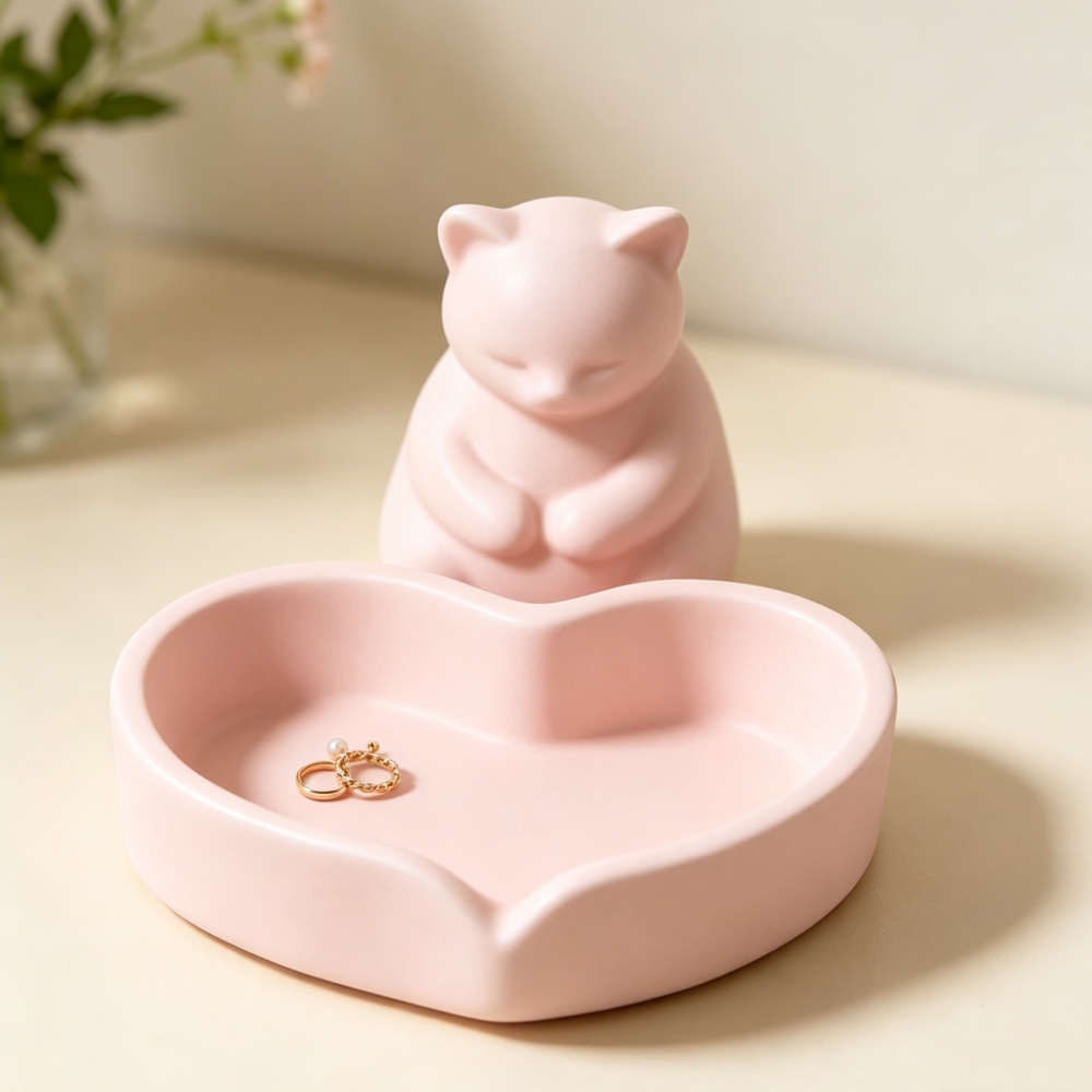 3D Printing Ring Holder - 3D-gedruckte rosa Katze mit Herztablett, Schmuckschale,