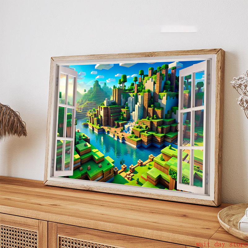 3D Printing Videos - Block-Pixel-Videospiel-Landschaft 3D-Fenster-Effekt Poster Leinwanddruck für Wohnzimmer