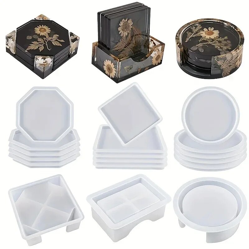 3D Printing Epoxy Resin - Untersetzer-Harz-Formen-Set, bestehend aus 1 Stück Untersetzer-Aufbewahrungsbox-Form,